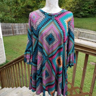 Abstract Print Dress with 3/4 Layer Ruffle