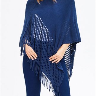 Navy Honeycomb Knit Fringe Poncho