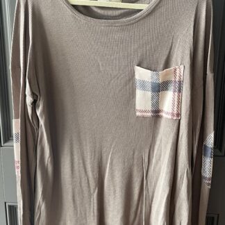 Taupe Top with Plaid Pocket and Elbow Pad