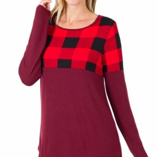 Burgundy Plaid Color Block LS Top